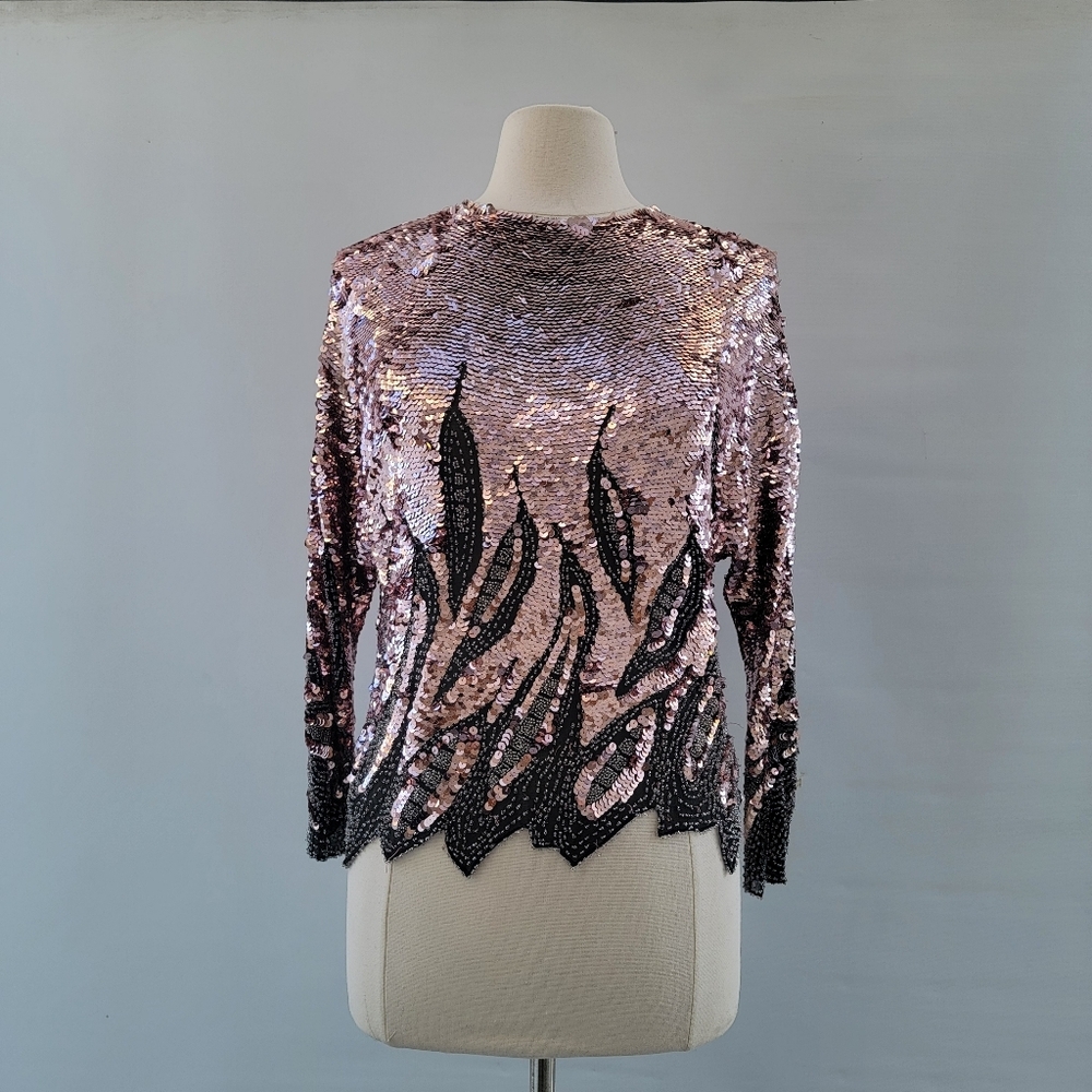 Olga Cassini Vintage 80s Sequin Blouse Size Medium Pink Black Beading Silk Retro